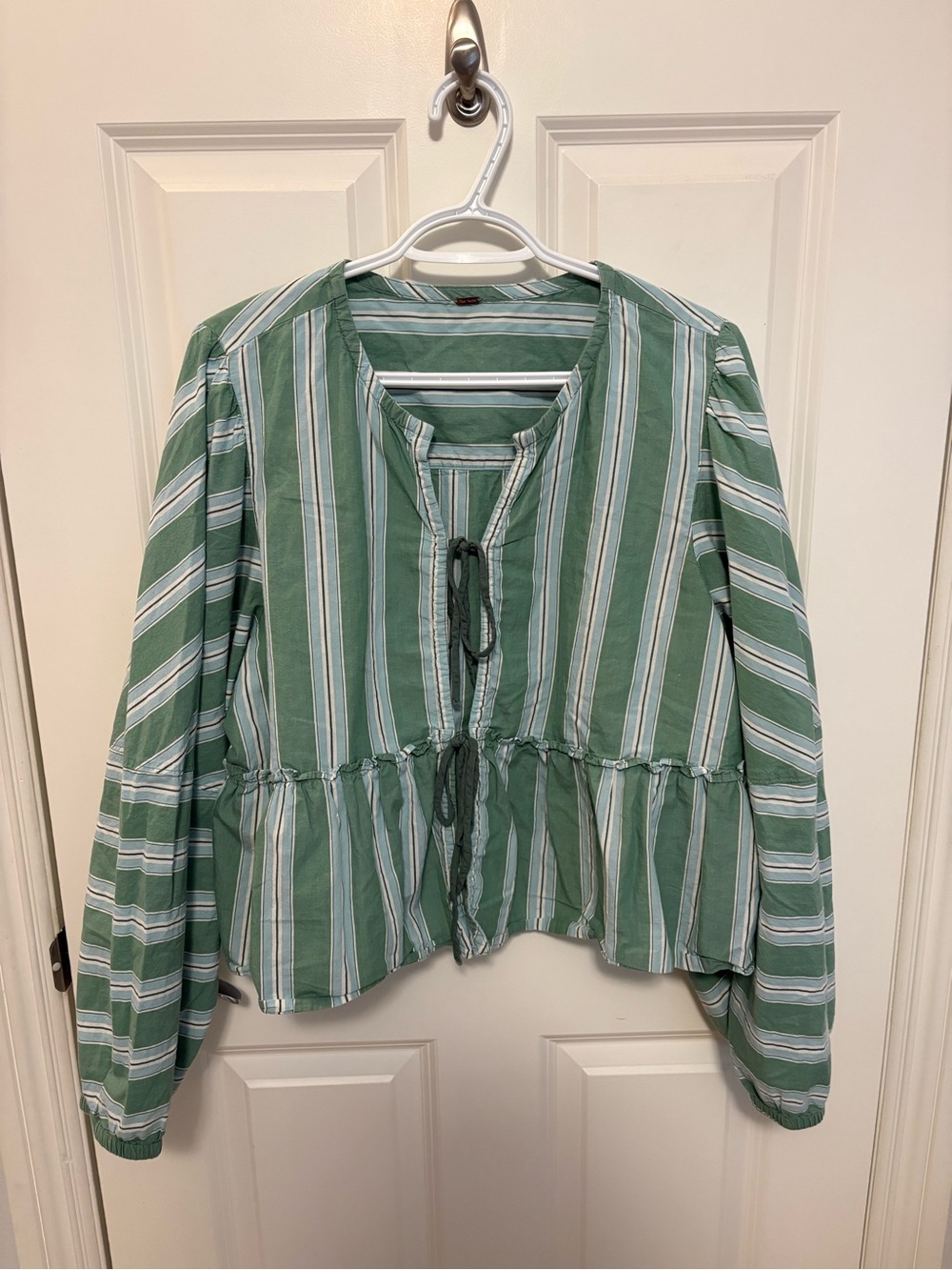 Free People Green and White Striped Long Sleeve Peplum Top